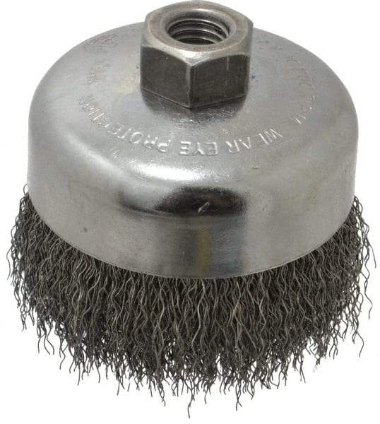 Weiler - 4" Diam, 5/8-11 Threaded Arbor, Steel Fill Cup Brush - 0.014 Wire Diam, 1-3/8" Trim Length, 9,000 Max RPM - Americas Industrial Supply