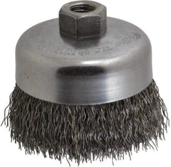 Weiler - 4" Diam, 5/8-11 Threaded Arbor, Steel Fill Cup Brush - 0.02 Wire Diam, 1-3/8" Trim Length, 9,000 Max RPM - Americas Industrial Supply