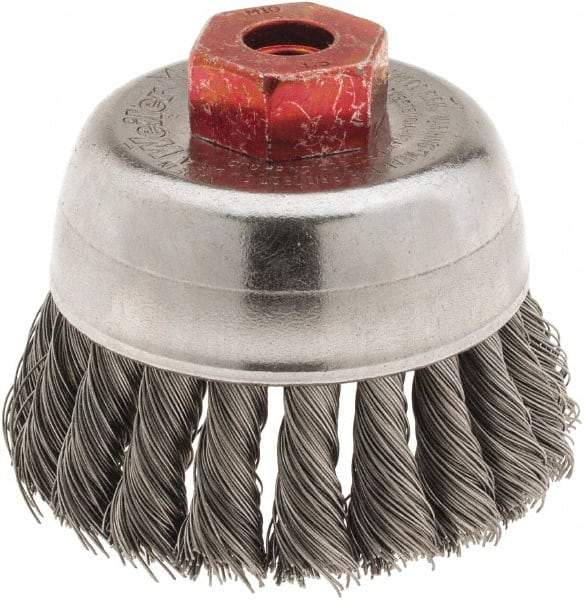 Weiler - 2-3/4" Diam, M10x1.50 Threaded Arbor, Steel Fill Cup Brush - 0.014 Wire Diam, 7/8" Trim Length, 14,000 Max RPM - Americas Industrial Supply