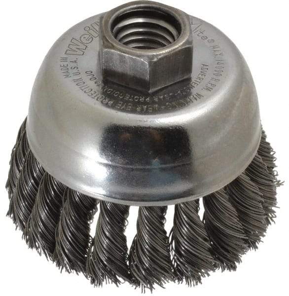 Weiler - 2-3/4" Diam, 5/8-11 Threaded Arbor, Steel Fill Cup Brush - 0.014 Wire Diam, 7/8" Trim Length, 14,000 Max RPM - Americas Industrial Supply