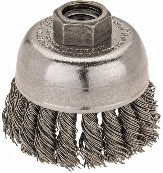 Weiler - 2-3/4" Diam, 5/8-11 Threaded Arbor, Steel Fill Cup Brush - 0.02 Wire Diam, 7/8" Trim Length, 14,000 Max RPM - Americas Industrial Supply