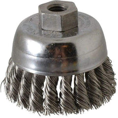 Weiler - 2-3/4" Diam, 1/2-13 Threaded Arbor, Stainless Steel Fill Cup Brush - 0.02 Wire Diam, 7/8" Trim Length, 14,000 Max RPM - Americas Industrial Supply