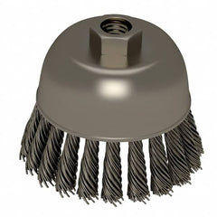 Weiler - 2-3/4" Diam, 5/8-11 Threaded Arbor, Stainless Steel Fill Cup Brush - 0.02 Wire Diam, 7/8" Trim Length, 14,000 Max RPM - Americas Industrial Supply