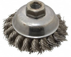 Weiler - 3-1/2" Diam, 5/8-11 Threaded Arbor, Stainless Steel Fill Cup Brush - 0.023 Wire Diam, 7/8" Trim Length, 13,000 Max RPM - Americas Industrial Supply