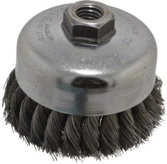 Weiler - 4" Diam, 5/8-11 Threaded Arbor, Steel Fill Cup Brush - 0.014 Wire Diam, 1-1/4" Trim Length, 9,000 Max RPM - Americas Industrial Supply