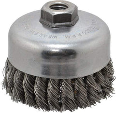 Weiler - 4" Diam, 5/8-11 Threaded Arbor, Steel Fill Cup Brush - 0.023 Wire Diam, 1-1/4" Trim Length, 9,000 Max RPM - Americas Industrial Supply