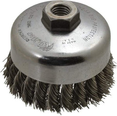 Weiler - 4" Diam, 5/8-11 Threaded Arbor, Stainless Steel Fill Cup Brush - 0.023 Wire Diam, 1-1/4" Trim Length, 9,000 Max RPM - Americas Industrial Supply