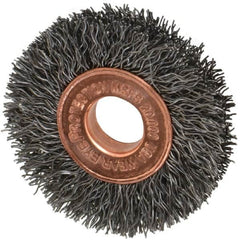 Weiler - 1-1/2" OD, 3/8" Arbor Hole, Crimped Steel Wheel Brush - 1/4" Face Width, 7/16" Trim Length, 0.0104" Filament Diam, 20,000 RPM - Americas Industrial Supply