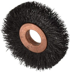 Weiler - 2" OD, 1/2" Arbor Hole, Crimped Steel Wheel Brush - 3/8" Face Width, 1/2" Trim Length, 0.008" Filament Diam, 20,000 RPM - Americas Industrial Supply