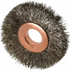 Weiler - 2" OD, 1/2" Arbor Hole, Crimped Stainless Steel Wheel Brush - 3/8" Face Width, 1/2" Trim Length, 0.0104" Filament Diam, 20,000 RPM - Americas Industrial Supply