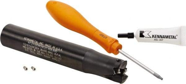 Kennametal - 25mm Cut Diam, 0.059" Max Depth, 25mm Shank Diam, Cylindrical Shank Indexable High-Feed Helical End Mill - Screw Holding Method, WOEJ090512.. Insert, KF2X Toolholder, Through Coolant - Americas Industrial Supply