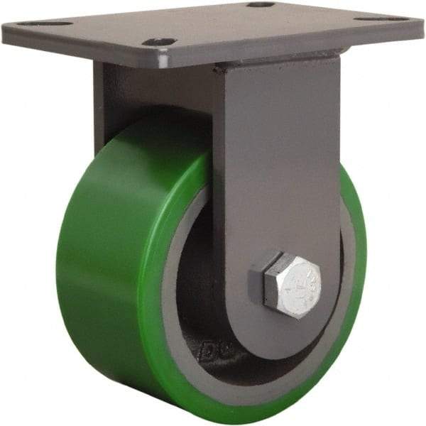 Hamilton - 6" Diam x 3" Wide x 8" OAH Top Plate Mount Rigid Caster - Polyurethane Mold onto Cast Iron Center, 2,200 Lb Capacity, Tapered Roller Bearing, 5-1/4 x 7-1/4" Plate - Americas Industrial Supply