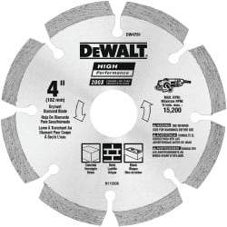 DeWALT - 4" Diam, 5/8 & 7/8" Arbor Hole Diam, 8 Tooth Wet & Dry Cut Saw Blade - Diamond-Tipped, Straight Action, Standard Round Arbor - Americas Industrial Supply