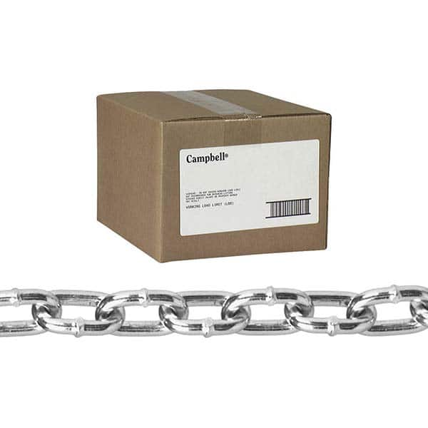 Campbell - Welded Chain; Trade Size: 1 ; Load Capacity (Lb.): 390 ; Finish/Coating: Zinc Plated ; Type: Machine ; Length (Feet): 100 ; Chain Diameter (Decimal Inch): 0.1600 - Exact Industrial Supply