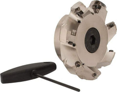 Seco - 4" Cut Diam, 1-1/2" Arbor Hole, 0.295" Max Depth of Cut, 45° Indexable Chamfer & Angle Face Mill - 7 Inserts, SE.X 1505 Insert, Right Hand Cut, 7 Flutes, Through Coolant, Series QuattroMill 15 - Americas Industrial Supply