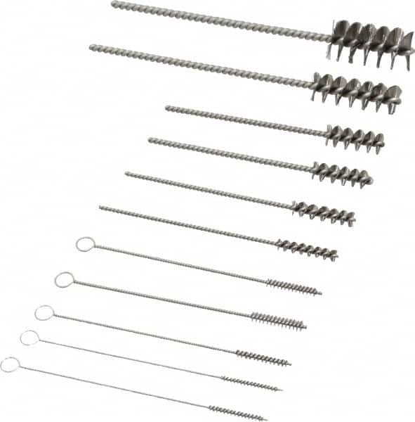 PRO-SOURCE - 11 Piece Stainless Steel Hand Tube Brush Set - 3/4" to 1-1/2" Brush Length, 4" OAL, 0.034" Shank Diam, Includes Brush Diams 1/4", 5/16", 3/8", 1/2" & 3/4" - Americas Industrial Supply