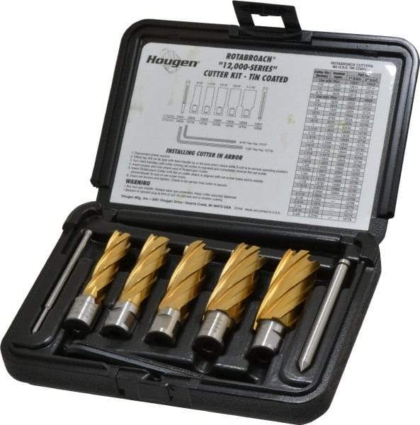 Hougen - 9 Piece, 9/16 to 1-1/16" Cutter Diam, 2" Cutting Depth, High Speed Steel Annular Cutter Set - TiN Finish, 3/4" Shank Diam, 9/16, 11/16, 13/16, 15/16, 1-1/16" Cutter Diams, 2 Flats on Shank - Americas Industrial Supply