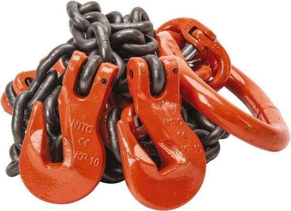 Pewag - 5' Long x 10" Wide, 15,200 Lb Basket Capacity, 15,200 Lb Vertical Capacity, Alloy Steel Web Sling - DOG Chain Sling, 3/8" Diam Chain, Self-Colored, with 2 Grab Hooks, Master Link & 2 Shortening Hooks - Americas Industrial Supply