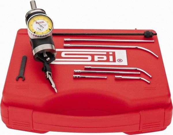 SPI - 9 Piece, 0" to 1/4" Measuring Range, 1.6" Dial Diam, 0-50 Dial Reading, White Dial Test Indicator Kit - 0.005mm Accuracy, 2, 4 & 6" Contact Point Length, 1/8" Ball Diam, 0.0005" Dial Graduation - Americas Industrial Supply