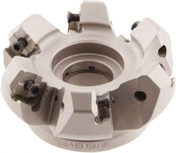 Iscar - 3.58" Cut Diam, 1" Arbor Hole, 0.276" Max Depth of Cut, 45° Indexable Chamfer & Angle Face Mill - 6 Inserts, S845 SX.U 16.. Insert, Right Hand Cut, 6 Flutes, Through Coolant, Series Helido - Americas Industrial Supply