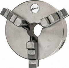 Phase II - 3 Jaws, 5" Diam, Self Centering Manual Lathe Chuck - Plain Back Mount Spindle, Reversible, 1.18" Through Hole Diam, Cast Iron - Americas Industrial Supply