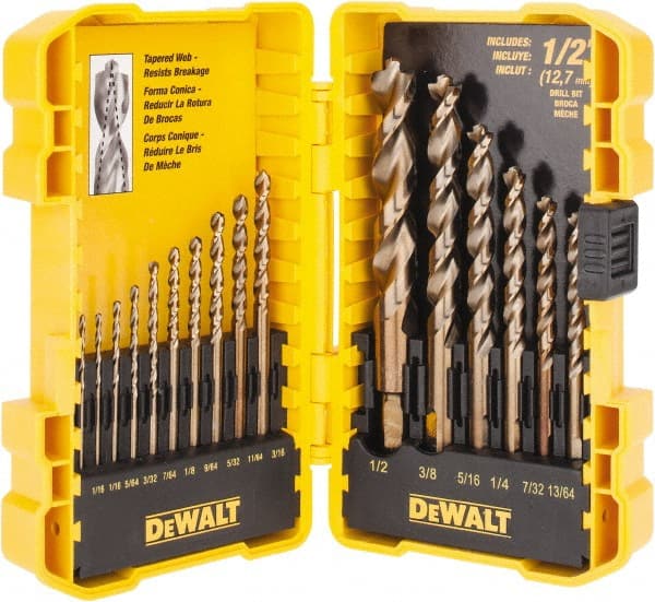 DeWALT - 1/16 to 1/2", 135° Point, Gold Finish, High Speed Steel Jobber Length Drill Bit Set - Americas Industrial Supply