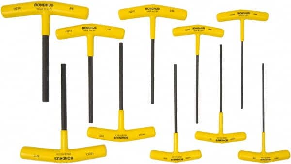 Bondhus - 10 Piece T-Handle Cushion Grip Hex Key Set - Hex Range 3/32 to 3/8", 6" OAL, Protanium High Torque Steel - Americas Industrial Supply
