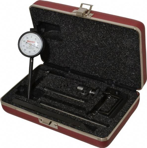 Starrett - 0.2 Inch Range, 0.001 Inch Dial Graduation, Horizontal Dial Test Indicator - 1-11/16 Inch White Dial, 0-100 Dial Reading - Americas Industrial Supply
