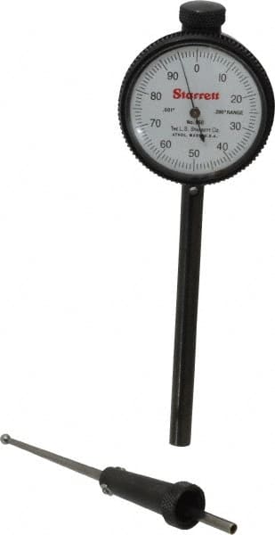 Starrett - 0.2 Inch Range, 0.001 Inch Dial Graduation, Dial Test Indicator - 1-11/16 Inch White Dial, 0-100 Dial Reading - Americas Industrial Supply