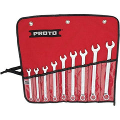 Proto - 9 Piece, 7mm to 15mm, 12 Point Combination Wrench Set - Metric Measurement Standard, Full Polish Finish, Comes in Vinyl Roll - Americas Industrial Supply