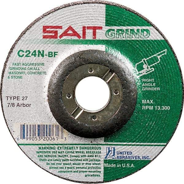 Sait - 24 Grit, 5" Wheel Diam, 1/4" Wheel Thickness, 7/8" Arbor Hole, Type 27 Depressed Center Wheel - Silicon Carbide, Resinoid Bond, N Hardness, 12,200 Max RPM, Compatible with Angle Grinder - Americas Industrial Supply