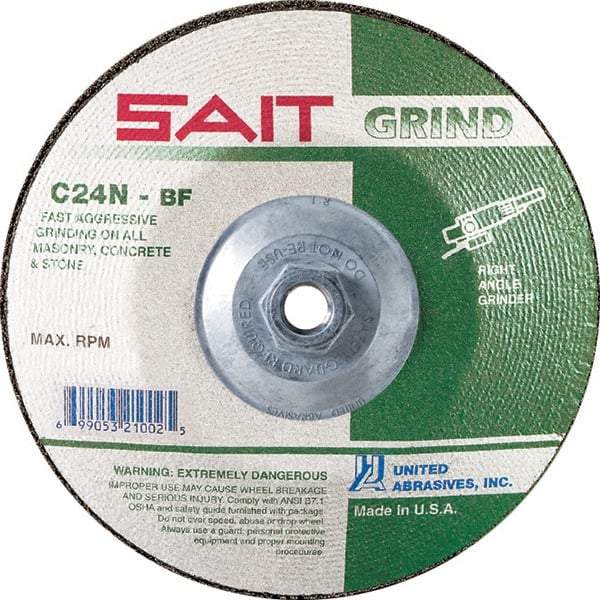 Sait - 24 Grit, 5" Wheel Diam, 1/4" Wheel Thickness, Type 27 Depressed Center Wheel - Silicon Carbide, Resinoid Bond, N Hardness, 12,200 Max RPM, Compatible with Angle Grinder - Americas Industrial Supply