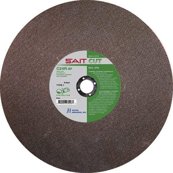 Sait - 14" 24 Grit Silicon Carbide Cutoff Wheel - 1/8" Thick, 20mm Arbor, 5,460 Max RPM, Use with Portable Tools - Americas Industrial Supply