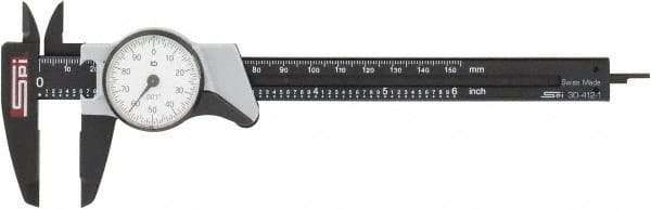 SPI - 0" to 6" Range, 0.001" Graduation, 0.1" per Revolution, Dial Caliper - White Face, 1.57" Jaw Length - Americas Industrial Supply
