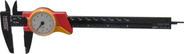 SPI - 0mm to 150mm Range, 0.1 mm Graduation, 10mm per Revolution, Dial Caliper - White Face, 1.57" Jaw Length - Americas Industrial Supply