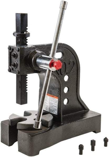 Palmgren - 1-1/4" Ram, 5-15/16" Throat Depth, 2 Ton Manual Arbor Press - 8" Max Work Height x 11-7/8" Max Work Width, Single Leverage, 6-1/2" Base Width x 16" Base Depth - Americas Industrial Supply