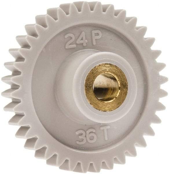 Made in USA - 24 Pitch, 1-1/2" Pitch Diam, 1.583" OD, 36 Tooth Spur Gear - 1/4" Face Width, 1/4" Bore Diam, 5/8" Hub Diam, 20° Pressure Angle, Acetal - Americas Industrial Supply