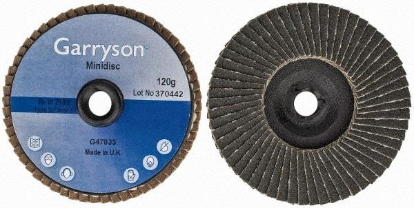 Garryson - 120 Grit, 3" Disc Diam, Type 27 Zirconia Alumina Flap Disc - 20,000 Max RPM, Nylon Backing, Quick Change Type S Attaching System, Coated - Americas Industrial Supply