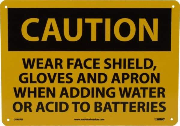NMC - "Caution - Wear Face Shield Gloves and Apron When Adding Water or Acid to Batteries", 10" Long x 14" Wide, Rigid Plastic Safety Sign - Rectangle, 0.05" Thick, Use for Accident Prevention - Americas Industrial Supply