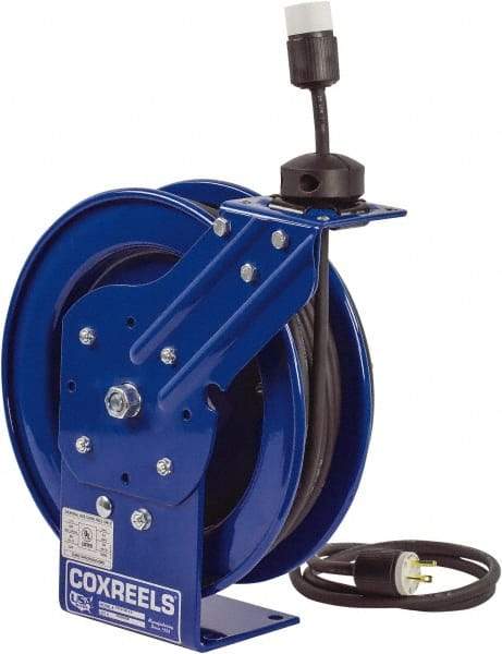 CoxReels - 12 AWG, 75' Cable Length, Cord & Cable Reel with Outlet End - 1 Outlet, NEMA 5-20R, 20 Amps, 115 Volts, SJO Cable, Blue Reel, Spring Driven Reel - Americas Industrial Supply