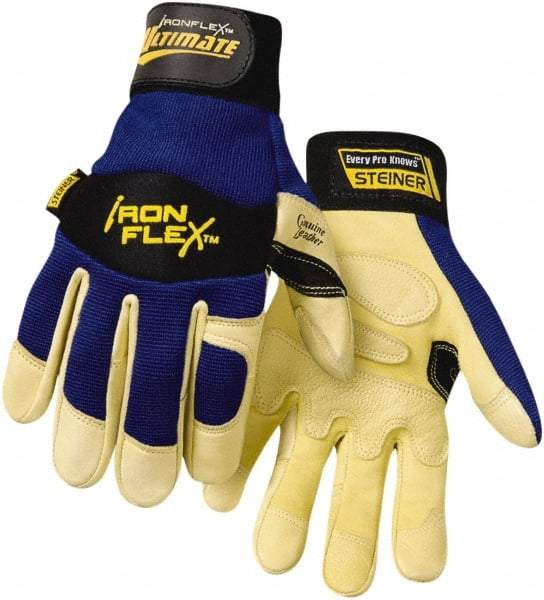 Steiner - Size XL (10) Grain Goatskin General Protection Work Gloves - For General Purpose, Uncoated, Hook & Loop Cuff, Full Fingered, Blue/Yellow, Paired - Americas Industrial Supply