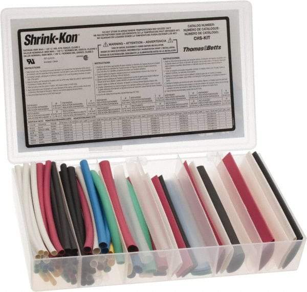 Thomas & Betts - 86 Piece, Multicolor, Heat Shrink Electrical Tubing Kit - 2:1 Shrink Ratio, Flame Retardant, Polyolefin - Americas Industrial Supply