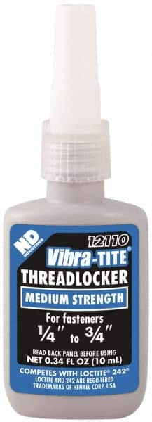 Vibra-Tite - 10 mL Bottle, Blue, Medium Strength Liquid Threadlocker - Series 121, 24 hr Full Cure Time, Hand Tool Removal - Americas Industrial Supply