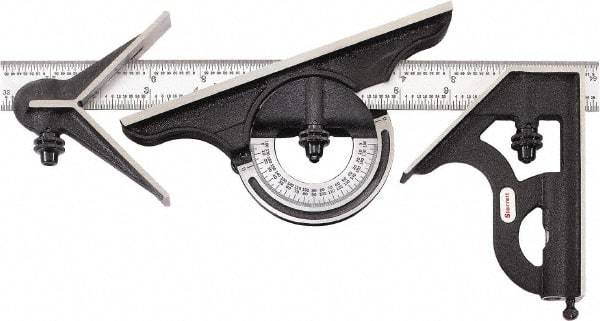 Starrett - 4 Piece, 12" Combination Square Set - 1/16, 1/32, 1/64 & 1/8" (4R) Graduation, Hardened Steel Blade, Cast Iron Center, Protractor & Square Head - Americas Industrial Supply