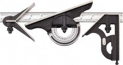 Starrett - 4 Piece, 12" Combination Square Set - 1/16, 1/32, 1/64 & 1/8" (4R) Graduation, Hardened Steel Blade, Cast Iron Center, Protractor & Square Head - Americas Industrial Supply