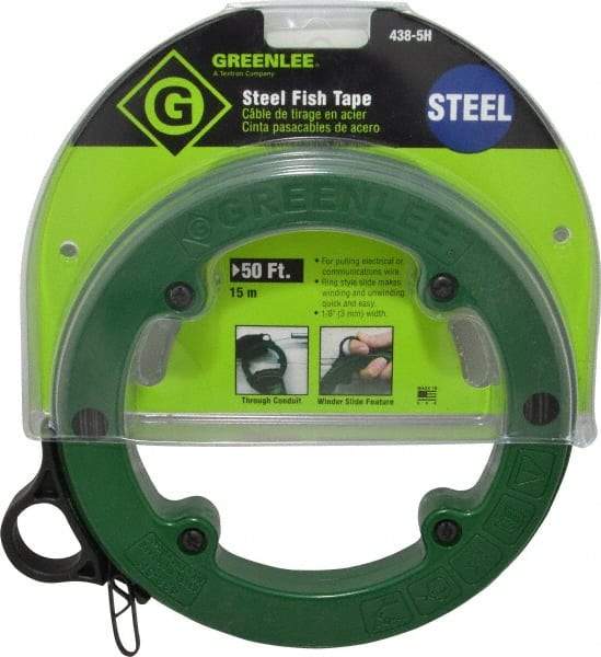 Greenlee - 50 Ft. Long x 1/8 Inch Wide, 3/64 Inch Thick, Steel Fish Tape - 400 Lb. Pulling Strength, Includes Case - Americas Industrial Supply