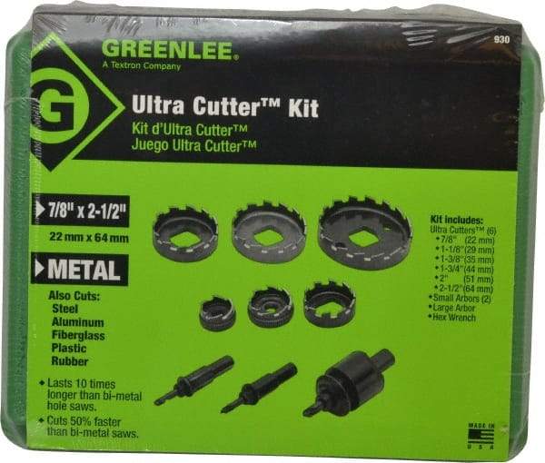 Greenlee - 9 Piece, 7/8" to 2-1/2" Saw Diam, Electrician's Hole Saw Kit - High Speed Steel, Toothed Edge, Includes 6 Hole Saws - Americas Industrial Supply