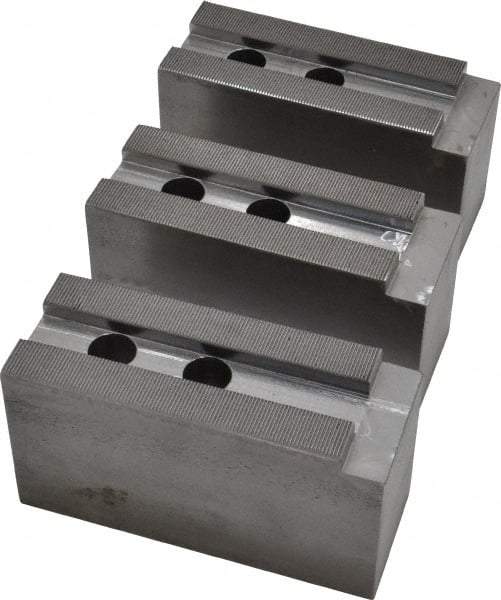 H & R Manufacturing - 15" Chuck Capacity, 1.5mm x 60° Serrated Attachment, Square Soft Lathe Chuck Jaw - 3 Jaws, Steel, 1.69" Btw Mount Hole Ctrs, 6-1/2" Long x 2-1/2" Wide x 3-1/2" High, 0.866" Groove, 20mm Fastener - Americas Industrial Supply