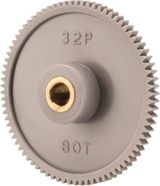 Made in USA - 32 Pitch, 2-1/2" Pitch Diam, 2-9/16" OD, 80 Tooth Spur Gear - 3/16" Face Width, 5/16" Bore Diam, 13/16" Hub Diam, 20° Pressure Angle, Acetal - Americas Industrial Supply