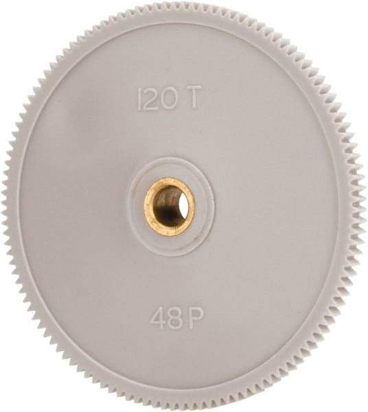 Made in USA - 48 Pitch, 2-1/2" Pitch Diam, 2.542" OD, 120 Tooth Spur Gear - 1/8" Face Width, 1/4" Bore Diam, 39/64" Hub Diam, 20° Pressure Angle, Acetal - Americas Industrial Supply